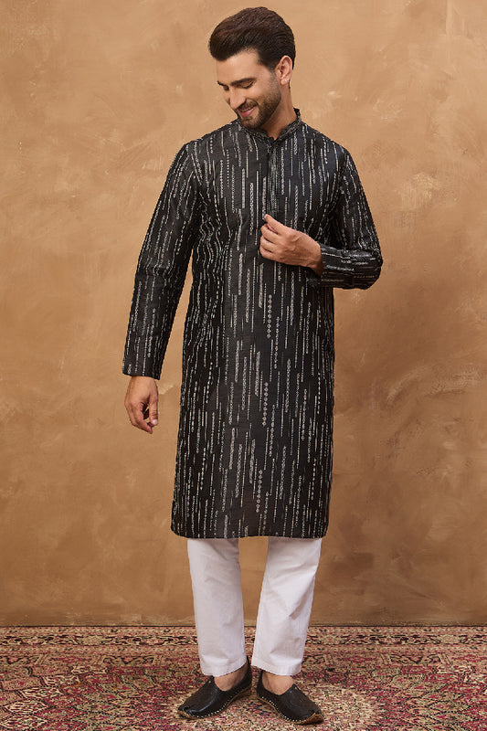 Black Silk Blend Geometric Printed Straight Kurta With Pant Set MKSET1516