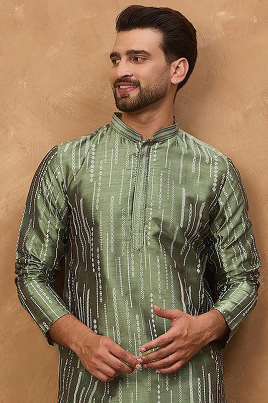 Green Silk Blend Geometric Embroidered Straight Kurta MKU1517
