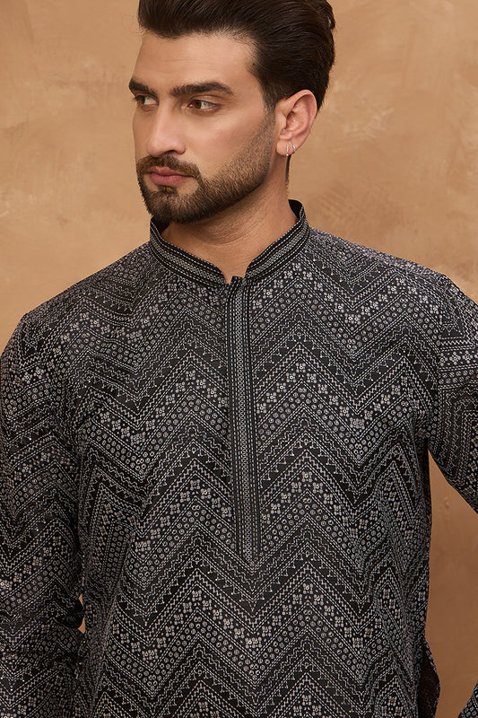 Black Silk Blend Geometric Printed Straight Kurta MKU1520