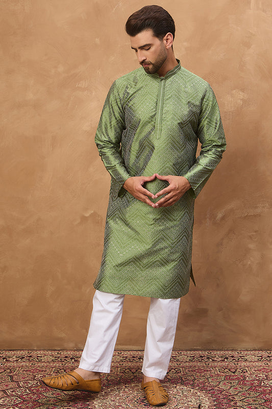 Green Silk Blend Geometric Printed Straight Kurta With Pant Set MKSET1522