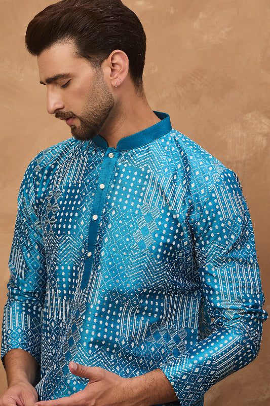 Blue Silk Blend Geometric Printed Straight Kurta MKU1527