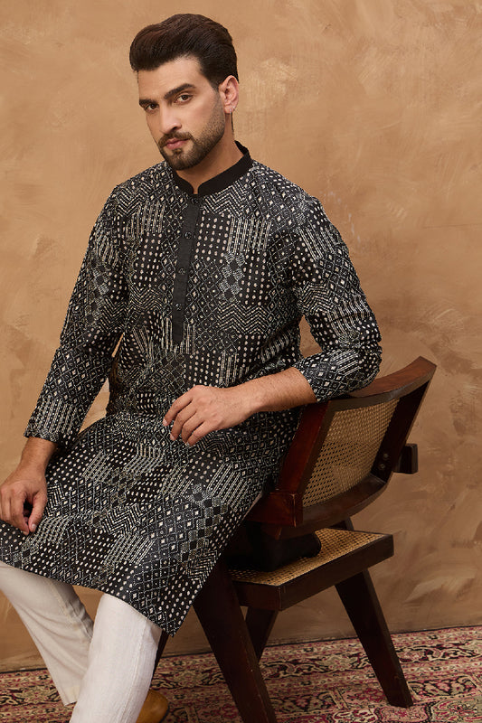 Black Silk Blend Geometric Printed Straight Kurta With Pant Set MKSET1528