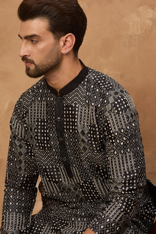 Black Silk Blend Geometric Printed Straight Kurta With Pant Set MKSET1528