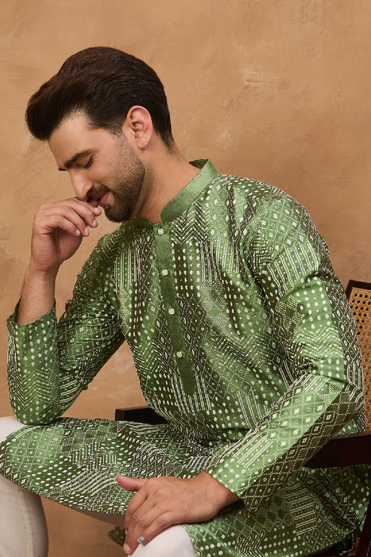 Green Silk Blend Geometric Printed Straight Kurta With Pant Set MKSET1530