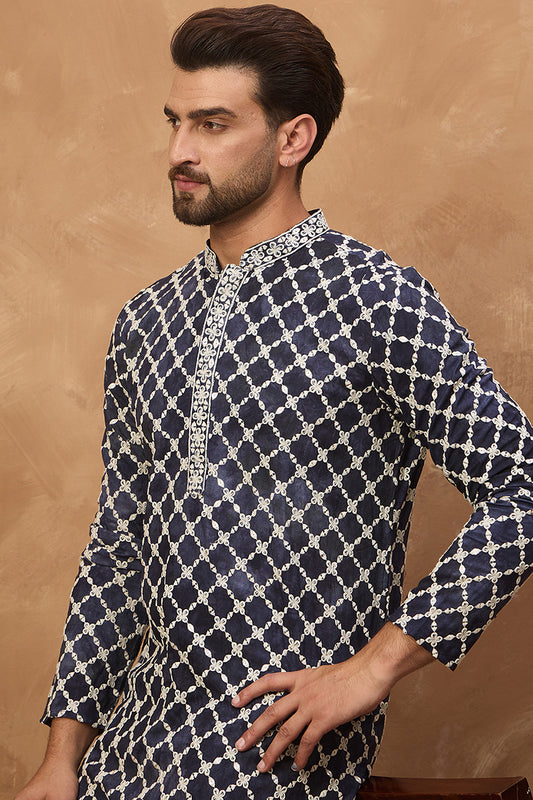 Blue Viscose Rayon Shibori Embroidered Straight Kurta With Pant Set MKSET1534