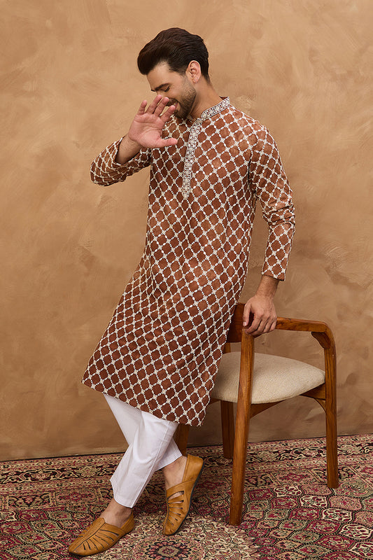 Brown Viscose Rayon Solid Embroidered Straight Kurta With Pant Set MKSET1535