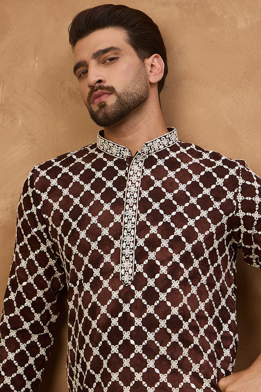 Brown Viscose Rayon Solid Embroidered Straight Kurta With Pant Set MKSET1536