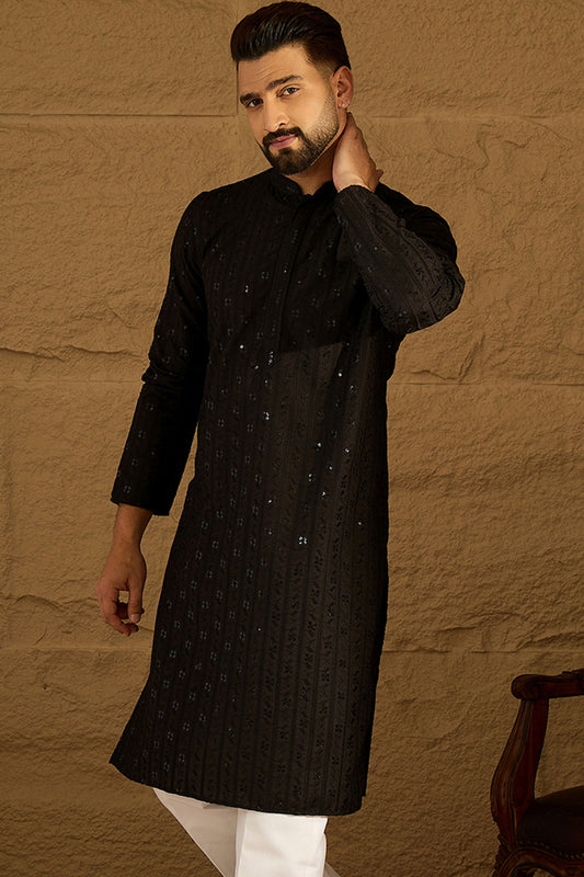 Black Viscose Rayon Solid Embroidered Straight Kurta MKU1554