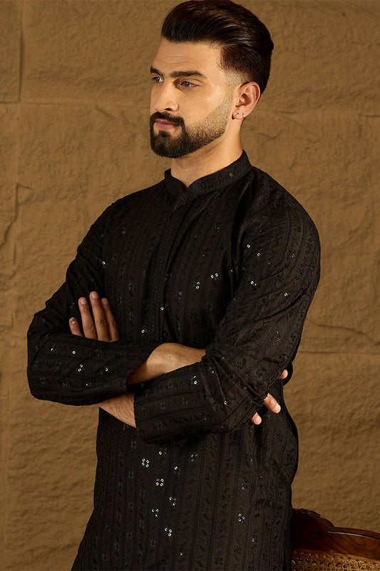 Black Viscose Rayon Solid Embroidered Straight Kurta MKU1554