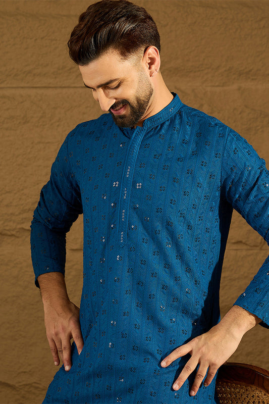 Blue Viscose Rayon Solid Embroidered Straight Kurta with Trouser MKSET1555