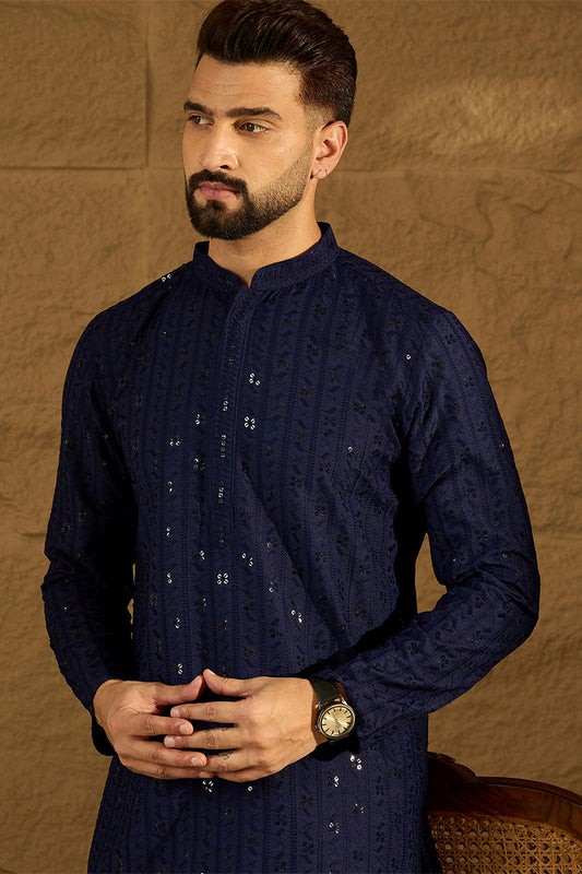 Navy Blue Viscose Rayon Solid Embroidered Straight Kurta MKU1556