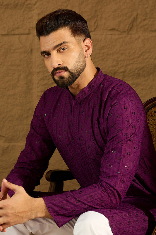 Purple Viscose Rayon Solid Embroidered Straight Kurta with Trouser MKSET1557
