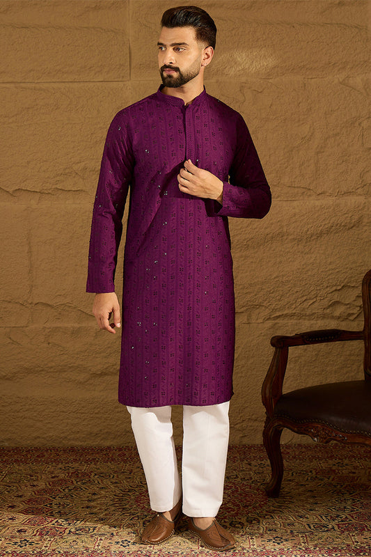 Purple Viscose Rayon Solid Embroidered Straight Kurta MKU1557