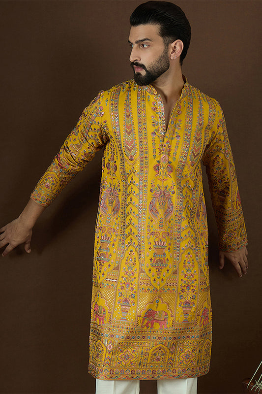 Yellow Georgette Solid Embroidered Straight Kurta MKU1569