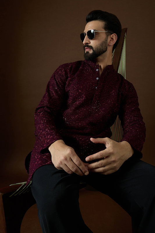 Wine Georgette Solid Embroidered Straight Kurta MKU1581