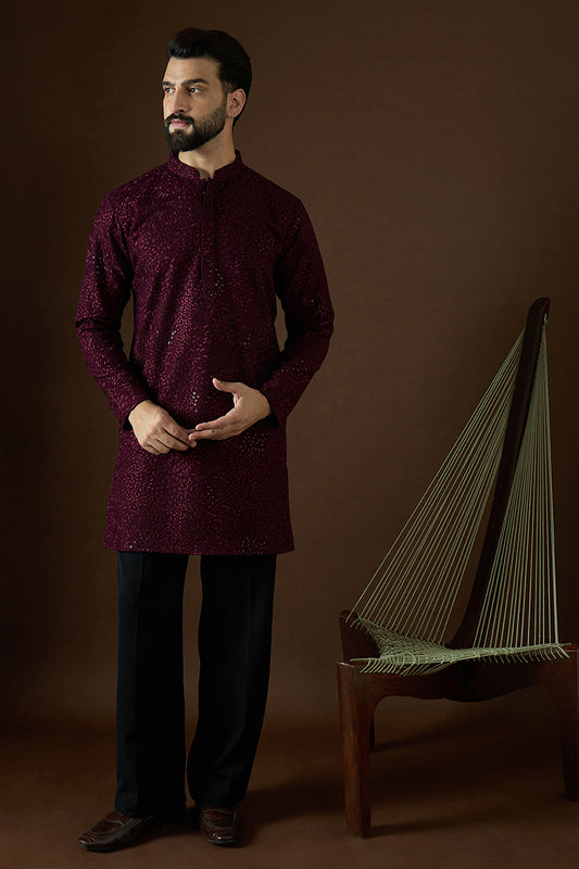 Wine Georgette Solid Embroidered Straight Kurta MKU1581