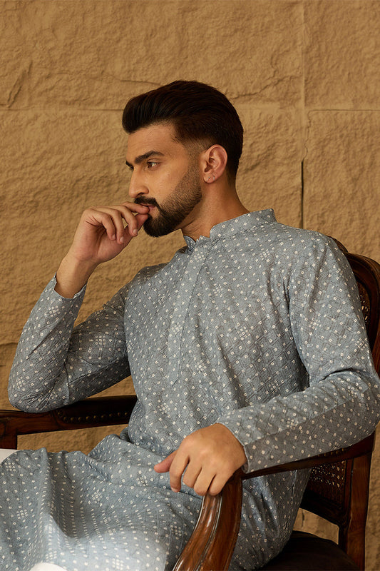 Blue Viscose Rayon Bandhani Embroidered Straight Kurta with Trouser MKSET1586