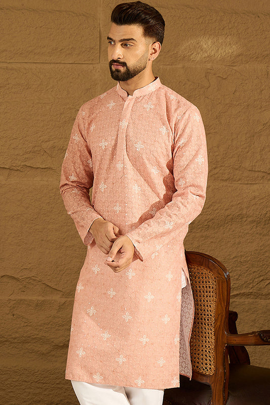 Peach Viscose Rayon Bandhani Embroidered Straight Kurta MKU1587