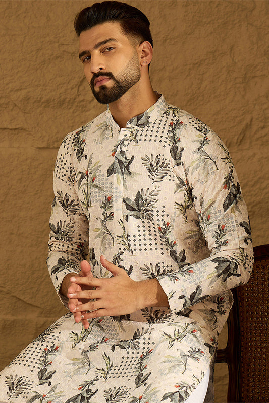 Off White Viscose Rayon Geometric Printed Straight Kurta with Trouser MKSET1598