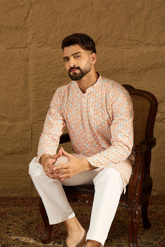 Orange Viscose Rayon Geometric Printed Straight Kurta with Trouser MKSET1600