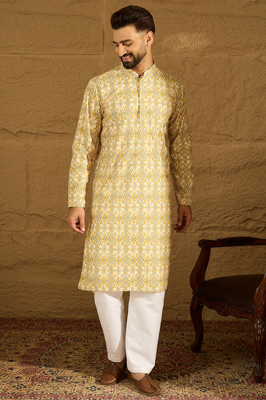Yellow Viscose Rayon Geometric Printed Straight Kurta with Trouser MKSET1601