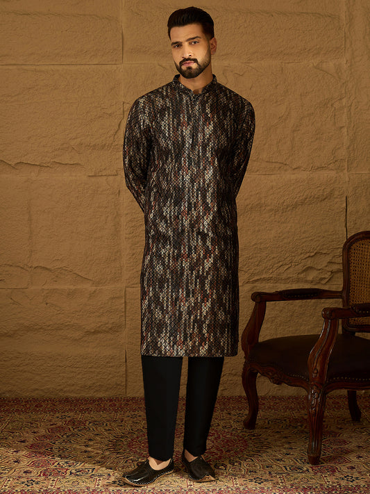 Black Viscose Rayon Striped Printed Straight Kurta MKU1607