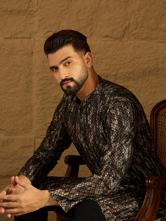 Black Viscose Rayon Striped Printed Straight Kurta with Trouser MKSET1607