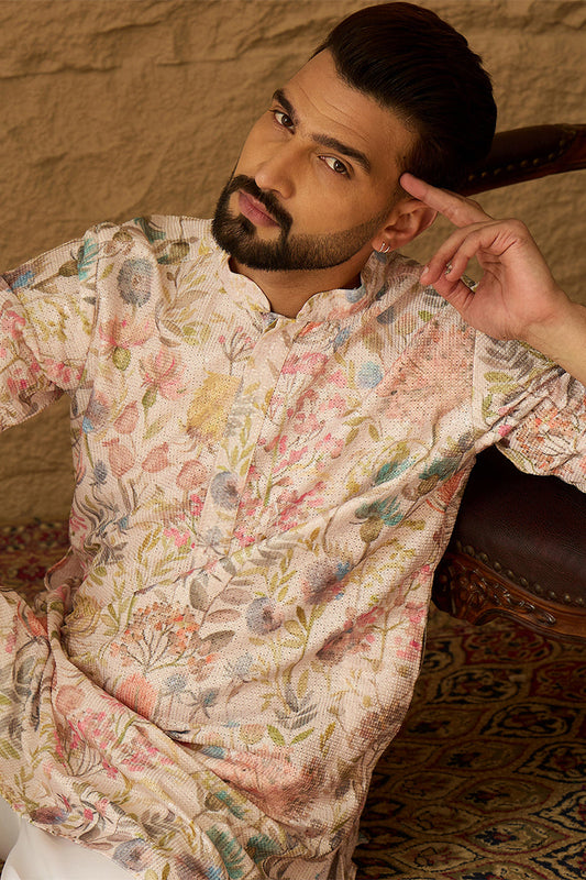 Off White Viscose Rayon Floral Printed Straight Kurta with Trouser MKSET1612