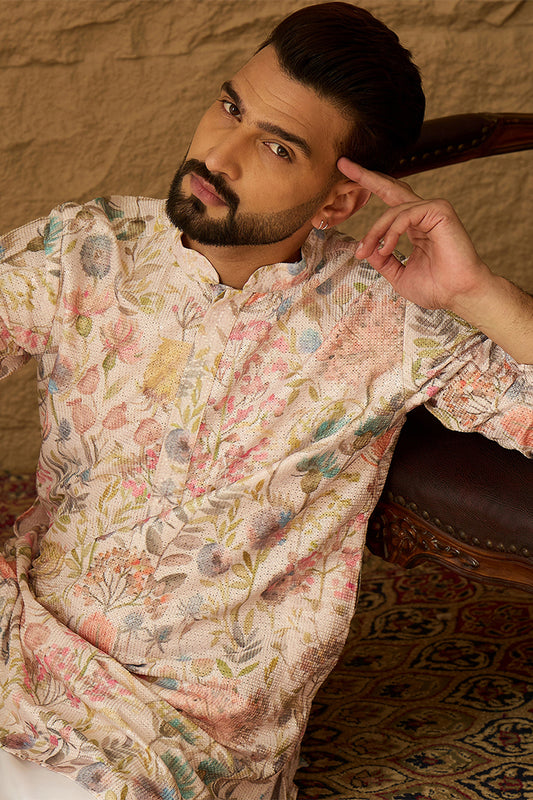 Off White Viscose Rayon Floral Printed Straight Kurta with Trouser MKSET1612