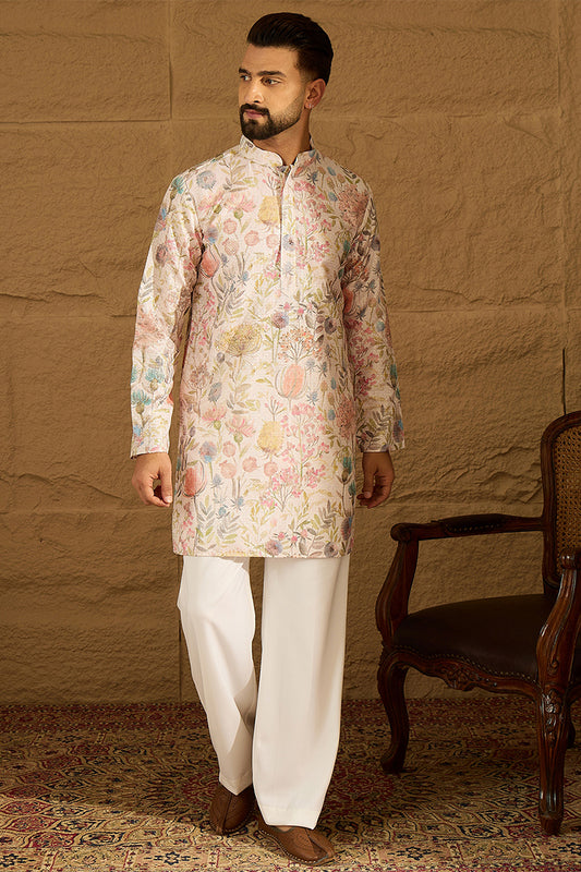 Off White Viscose Rayon Floral Printed Straight Kurta with Trouser MKSET1612