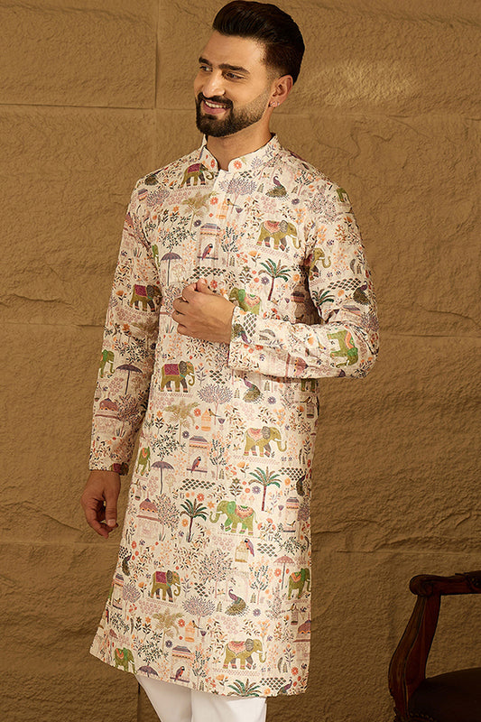 Cream Viscose Rayon Ethnic Motifs Printed Straight Kurta MKU1616