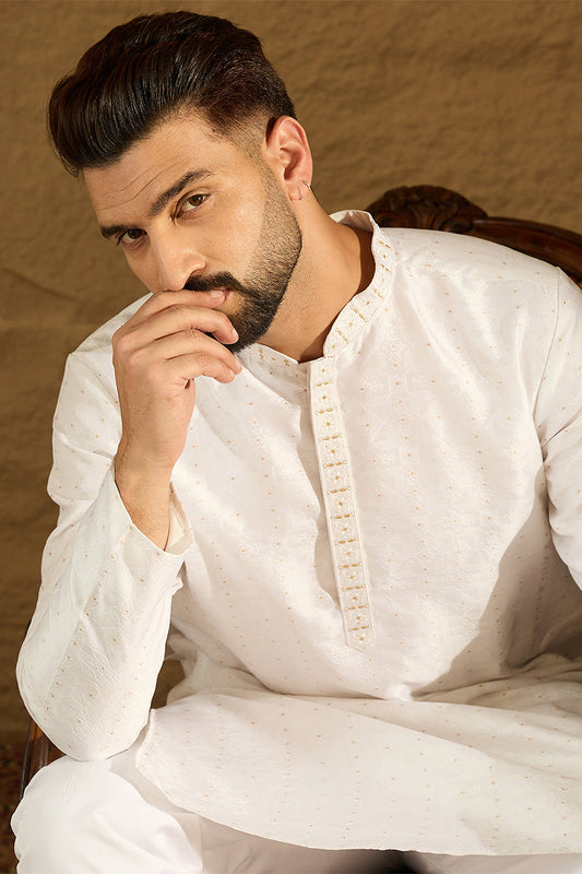 White Silk Blend Solid Printed Straight Kurta MKU1652