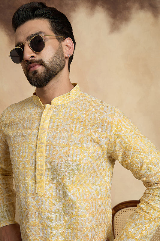 Ethnic Bay Yellow Viscose Rayon Embroidered Straight Kurta With Trousers MKSET1669