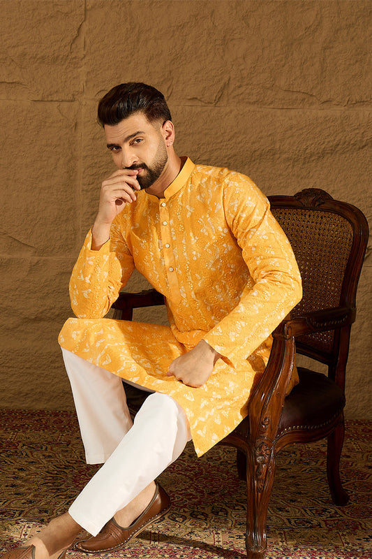 Yellow Cotton Batik Embroidered Straight Kurta MKU1675