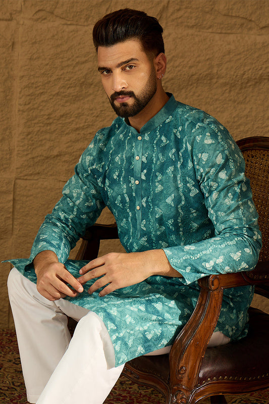Blue Cotton Batik Embroidered Straight Kurta MKU1676