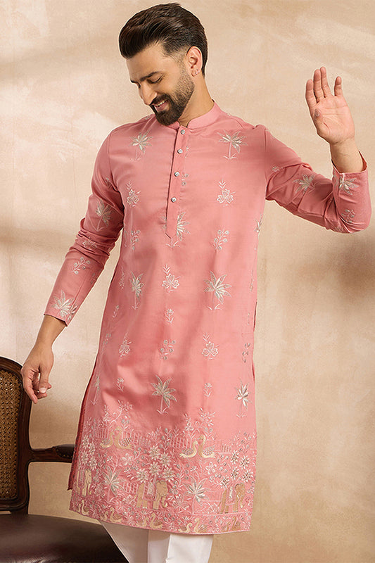 Pink Cotton Solid Embroidered Straight Kurta With Trouser MKSET1677