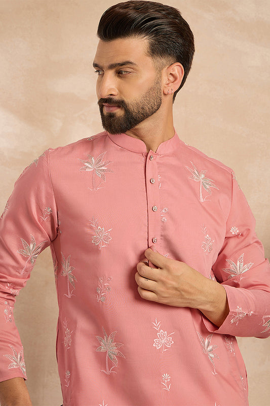 Pink Cotton Solid Embroidered Straight Kurta With Trouser MKSET1677