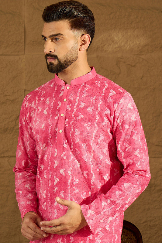 Pink Cotton Batik Embroidered Straight Kurta with Trouser MKSET1678
