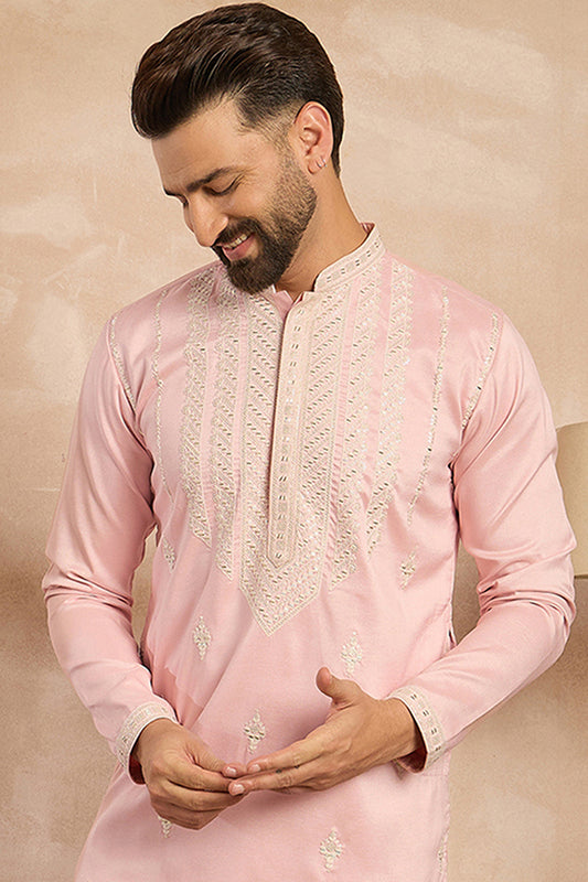 Pink Silk Geometric Embroidered Straight Kurta With Trouser MKSET1683