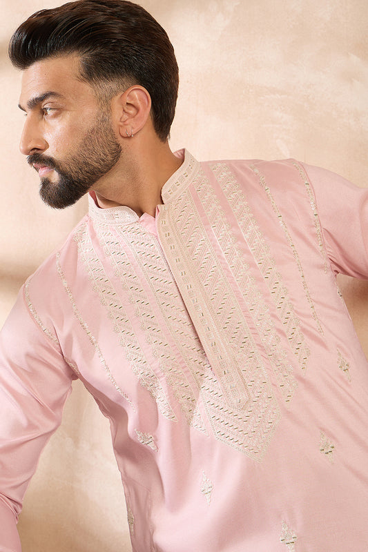Pink Silk Geometric Embroidered Straight Kurta MKU1683