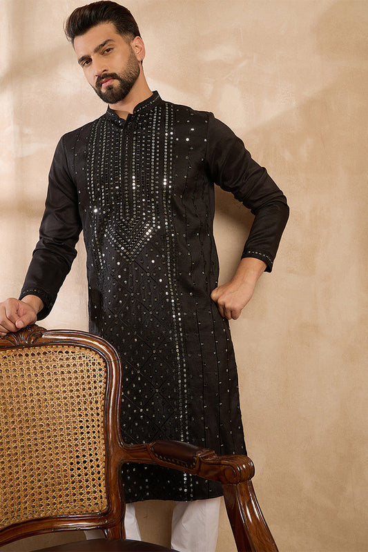 Black Silk Blend Geometric Embroidered Straight Kurta With Trouser MKSET1689