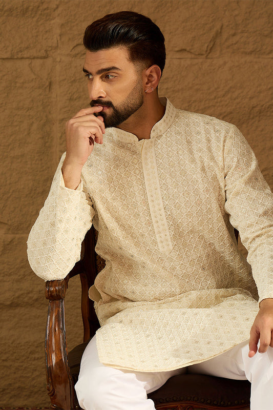 Off White Cotton Solid Printed Straight Kurta MKU1699