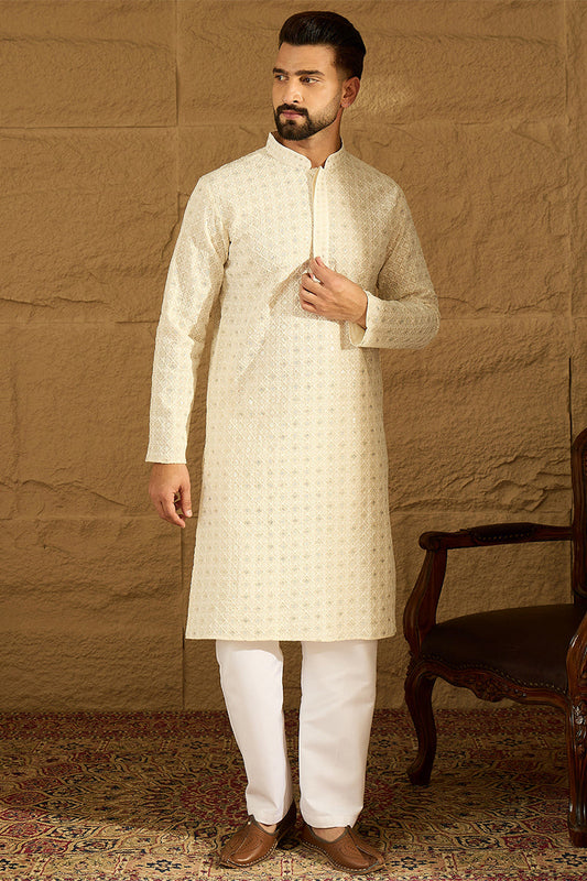 Off White Cotton Solid Printed Straight Kurta MKU1699