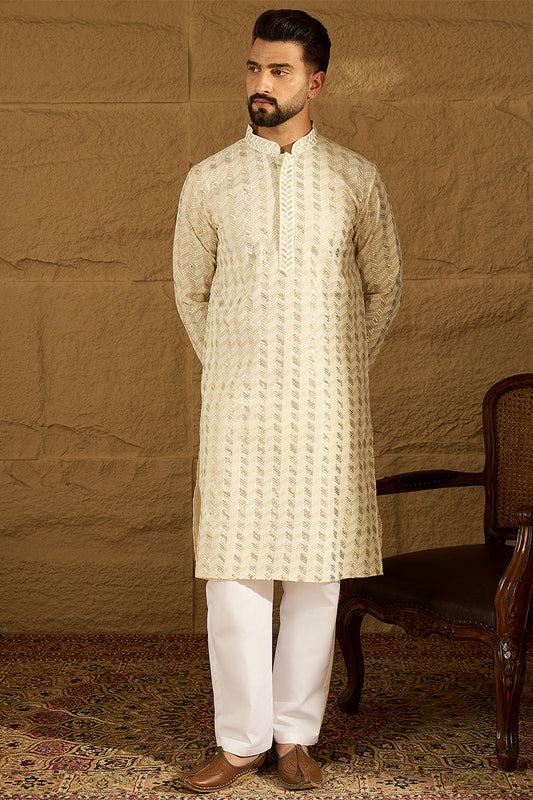 Off White Cotton Solid Printed Straight Kurta MKU1702