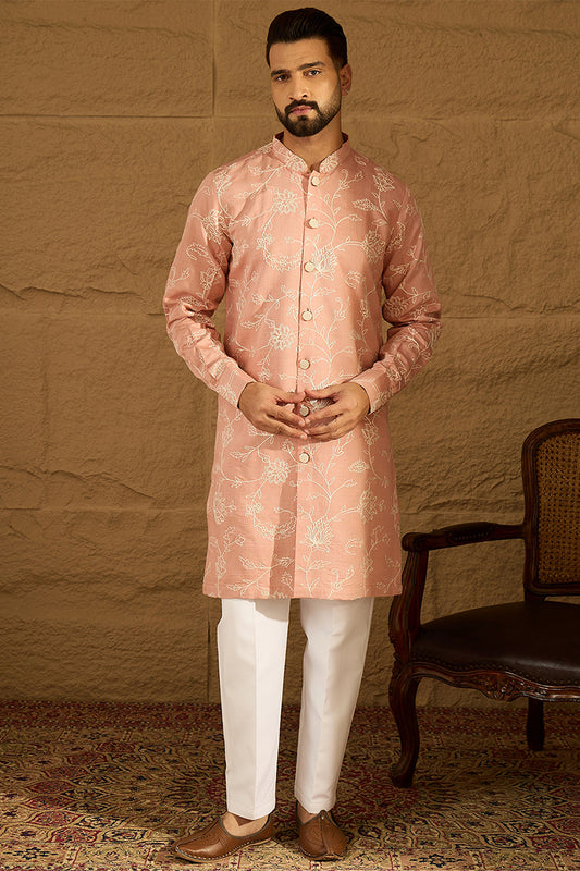 Peach Viscose Rayon Solid Embroidered Straight Kurta MKU1705