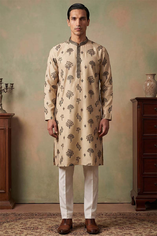 Ethnic Bay Mens Silk Blend Embroidered Solid Cream Kurta With Trousers MKSET1716