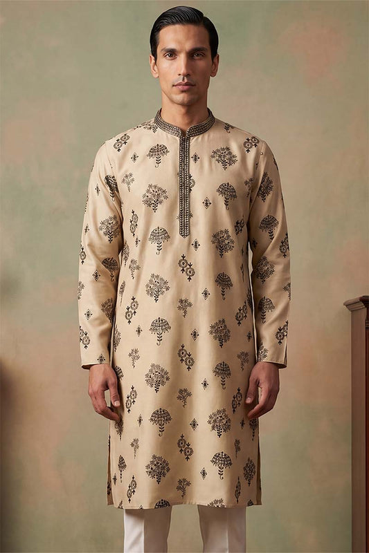 Ethnic Bay Mens Silk Blend Embroidered Solid Cream Kurta With Trousers MKSET1716