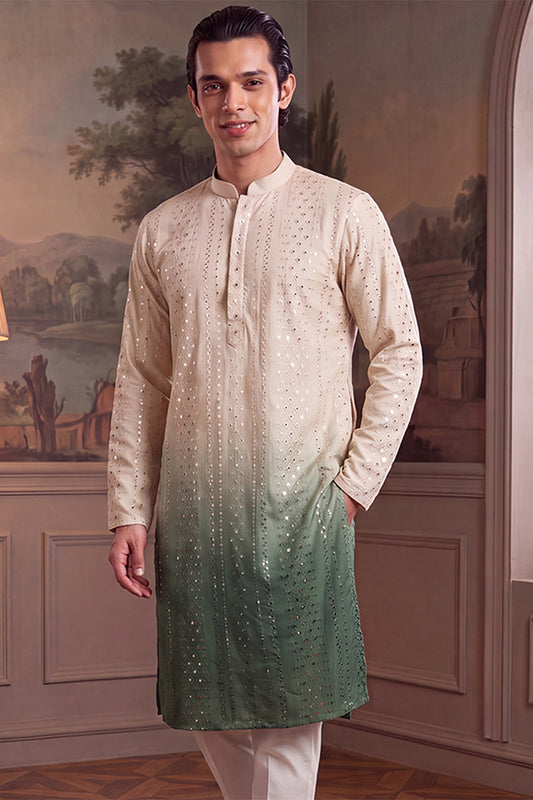 Ethnic Bay Mens Green Silk Blend Solid Embroidered Kurta With Trouser MKSET1722