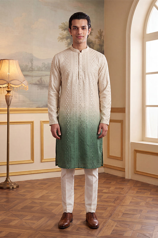 Ethnic Bay Mens Green Silk Blend Solid Embroidered Kurta With Trouser MKSET1722