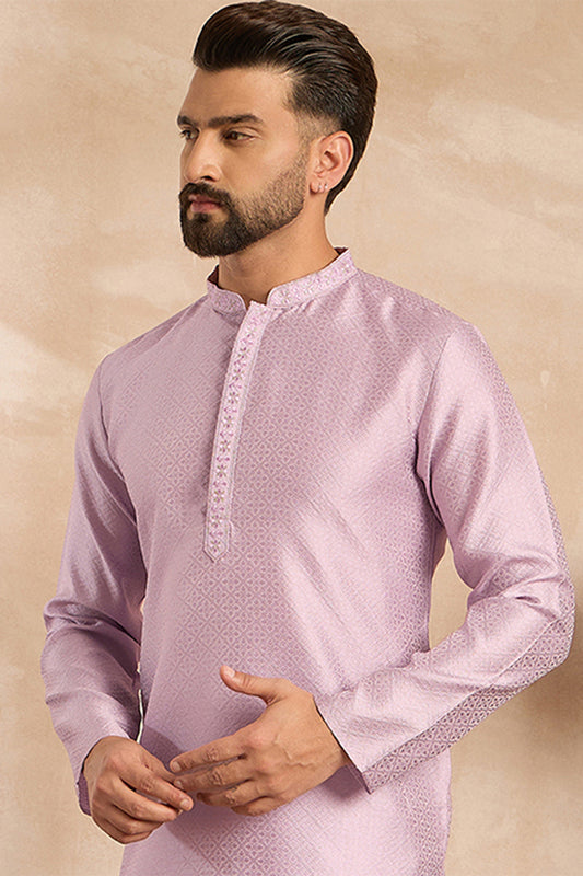 Lavender Polyester Solid Embroidered Straight Kurta With Trouser MKSET1736